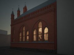 virtuální rekonstrukce synagogy - pohled z jihu v noci