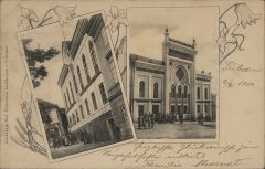 historické foto synagogy (vpravo) a židovské školy (vlevo)