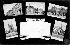 historická pohlednice části města se synagogou (vpravo dole)