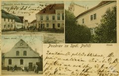historická pohlednice města se synagogou (vlevo dole)