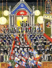 Robert Ehrmann: Oslava Purimu v synagoze (akvarel)