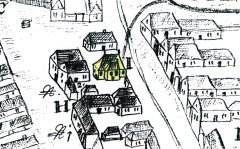 plánek židovské čtvrti s původní synagogou, zrušenou roku 1728 (označena žlutě)