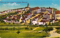 dobová pohlednice vsi se synagogou (vpravo)