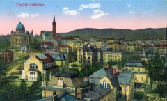 dobová pohlednice města se synagogou (vlevo)