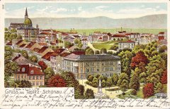 dobová pohlednice města se synagogou (vlevo)