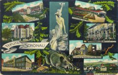 dobová pohlednice města se synagogou (vpravo dole)