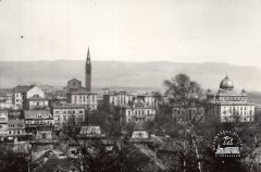 celkový pohled na město se synagogou (vpravo)