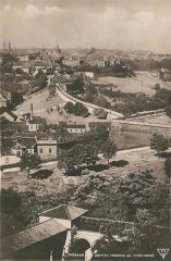 pohled na město s dvojicí věží synagogy (vlevo na horizontu)