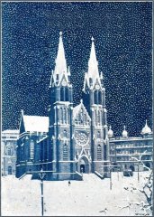 kresba části města s věžemi synagogy (vpravo od kostela)