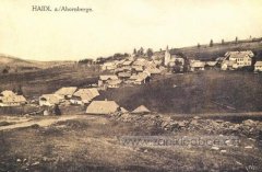 historické foto vsi s kapličkou (v popředí vlevo)