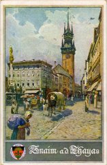 dobová pohlednice náměstí s kostelem přestavěným na tzv. "špalíček"