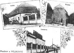 dobová pohlednice vsi se synagogou (vpravo nahoře)