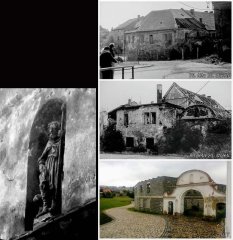 kostel je při pravém okraji fotografií, v popředí barokní brána do starého špitálu u kostela, ve výklenku je, resp. byla socha sv. Rocha