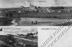 dobová pohlednice vsi s kostelem a farou