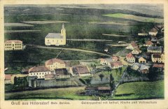 dobová pohlednice vsi s kostelem