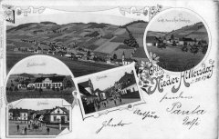 dobová pohlednice vsi s kostelem (na horním obrázku, vlevo)