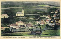 dobová pohlednice vsi s kostelem