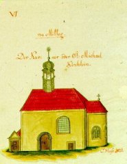 kresba s námětem kaple před požárem v roce 1809