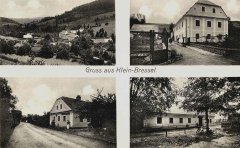 dobová pohlednice vsi s kostelem (vlevo nahoře)