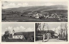 dobová pohlednice vsi s kostelem (vlevo dole)