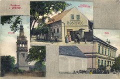 dobová pohlednice vsi se zvoničkou (vlevo)