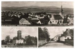 dobová pohlednice vsi s kostelem (vlevo dole)