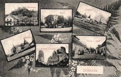 dobová pohlednice vsi s kostelem (vlevo dole a vpravo nahoře)