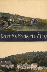 dobová pohlednice lázeňského areálu s kaplí