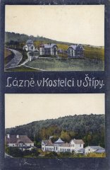 dobová pohlednice lázeňského areálu s kaplí