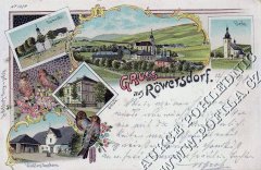 dobová pohlednice vsi s kostelem