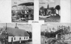 dobová pohlednice vsi s původní dřevěnou kaplí