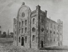 kresba s námětem synagogy před přístavbou