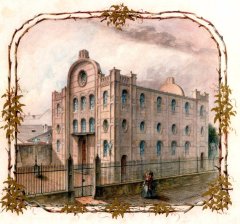 barevná litografie s námětem synagogy před přístavbou od F. A. Feilhammera