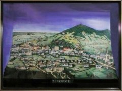 obraz s pohledem na město s kaplí (na kopci vpravo od středu), autor zlatohorský výtvarník Karl Knoblich (1873 - 1936)