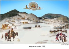 kaple na kopci v pozadí (kresba J. Šmoldase podle originálu obrazu z kaple z roku 1779 doplněná o několik postav)