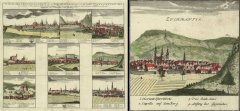 kolorovaný mědiryt, autor F. B. Werner (tabule IV. z roku 1738), Zlaté Hory s kaplí v pravém sloupci uprostřed, kaple je označena číslicí 2