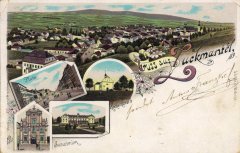 dobová pohlednice města s kaplí (na kulatém snímku)