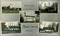 dobová pohlednice s námětem poutního areálu (bývalá kaple na horním levém snímku, vlevo před kostelem)