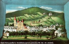 kresba města s kostelem (vlevo)