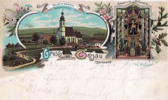 dobová pohlednice vsi s kaplí (vlevo od kostela)