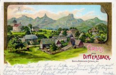 dobová pohlednice vsi s farou (vpravo od kostela)