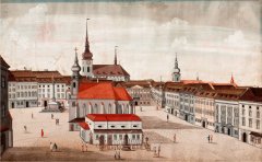 kresba náměstí s kostelem - autor Josef Maserle