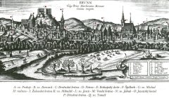 rytina města Brna vytvořená Georgem Houfnaglem, kostel je označen písmenem „K“