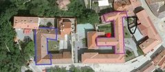 současný stav kláštera - proluka po kostele označena "B"
