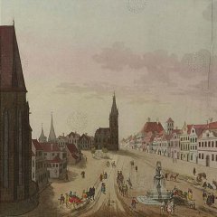 kresba náměstí s kaplí (při levém okraji) - detail