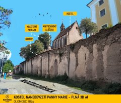 fotomontáž objektů s kostelem do dnešní zástavby s popisy