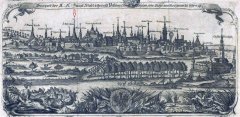 historická kresba kostela na vedutě - označen šipkou