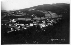 dobová pohlednice vsi s kostelem