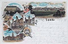 starší pohlednice města se synagogou (vlevo uprostřed)