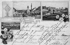 dobová pohlednice Hořic s pašijovým divadlem (vpravo nahoře)